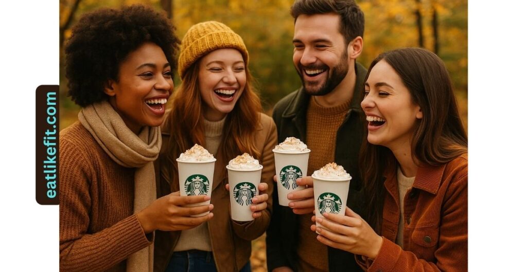 Friends enjoying Starbucks Pumpkin Spice Latte outdoors in fall 2025