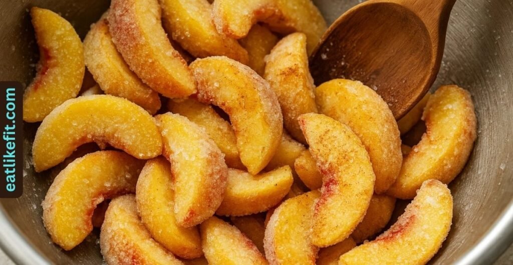 Frozen peach slices mixed with sugar and cinnamon for cobbler.