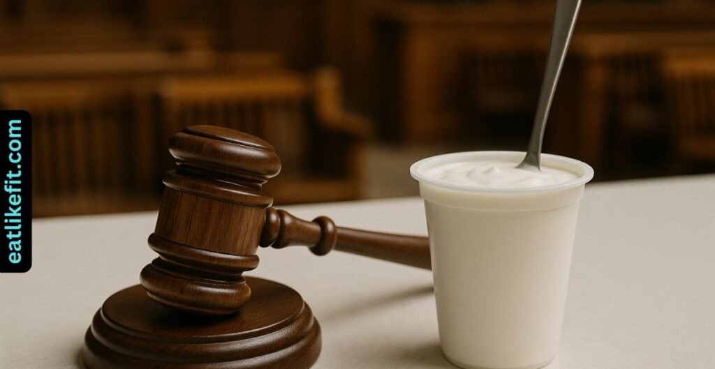 Gavel beside a yogurt cup representing legal action against food labeling practices.

