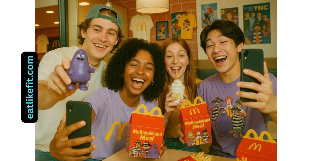 Gen Z customers filming TikToks and enjoying the McDonaldland Meal at a modern McDonald’s with retro decor