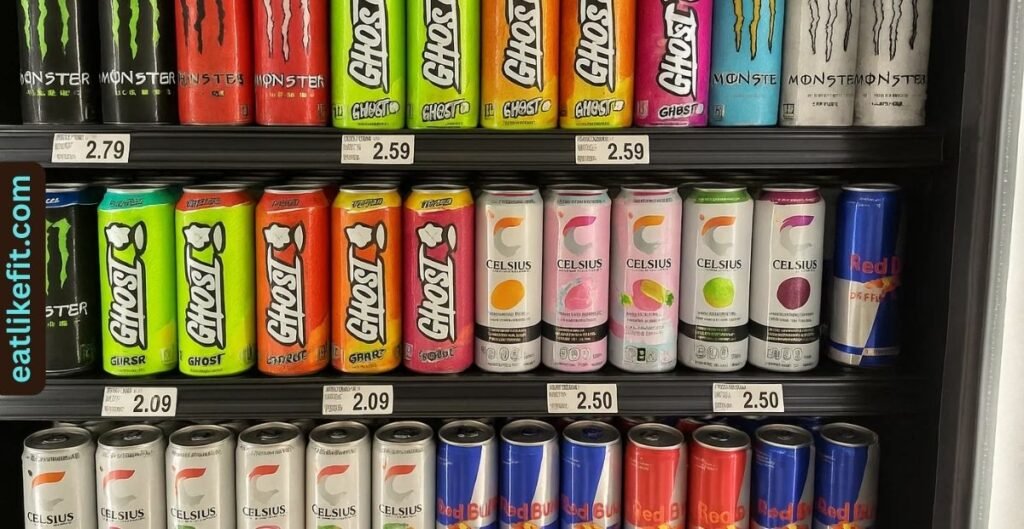 Ghost Energy drinks on display in a grocery store cooler.
