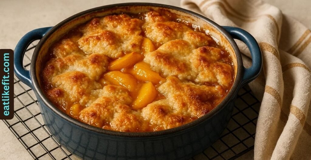Golden baked peach cobbler cooling after coming out of the oven