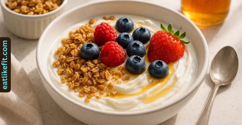 Granola served with yogurt, fresh berries, and honey drizzle.
