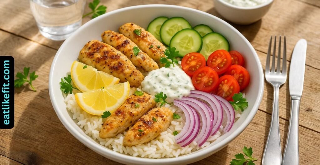 Greek chicken bowl with rice, tzatziki, and fresh vegetables