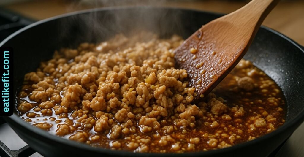 Ground chicken cooking in garlic, ginger, and soy sauce mixture in a skillet