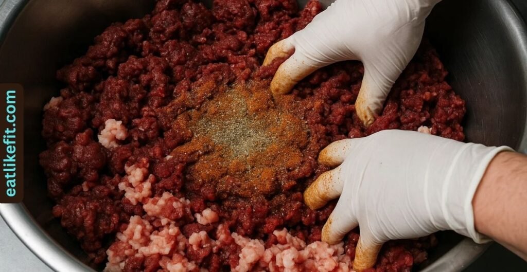 Ground venison and pork fat mixed with spices for snack sticks