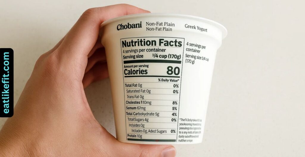 Hand holding a Chobani yogurt with clear view of its nutrition facts label showing high protein

