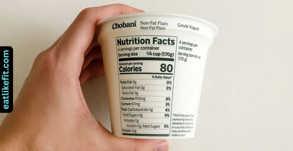 Hand holding a Chobani yogurt with clear view of its nutrition facts label showing high protein
