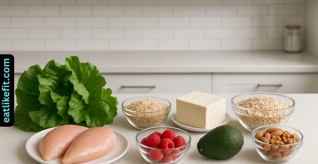 Healthy grocery items for an Ozempic-friendly diet plan including lean protein, vegetables, and whole grains