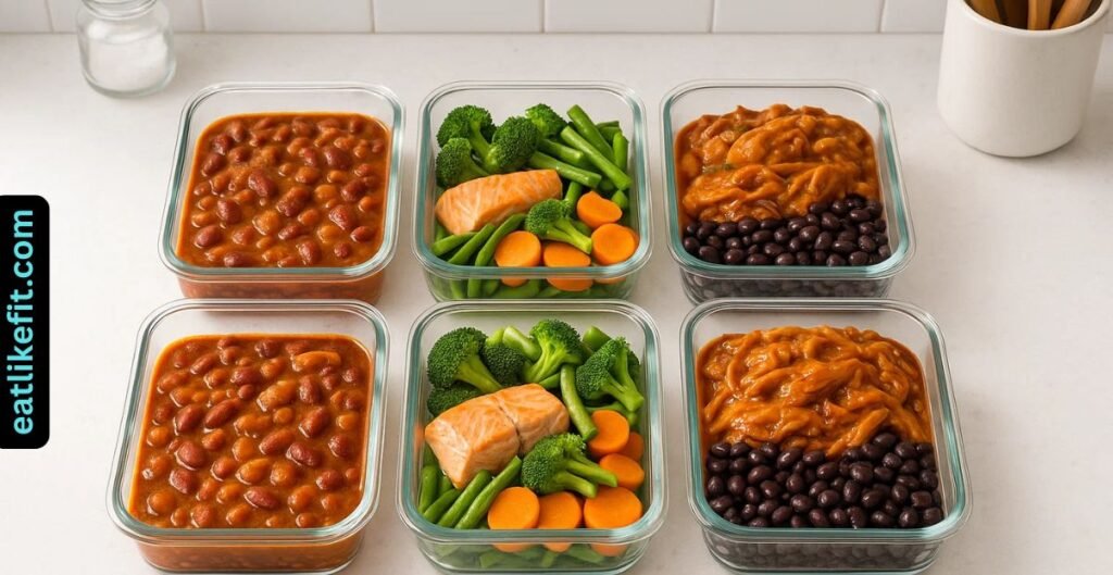 High-protein crock pot meals in meal prep containers ready for the week