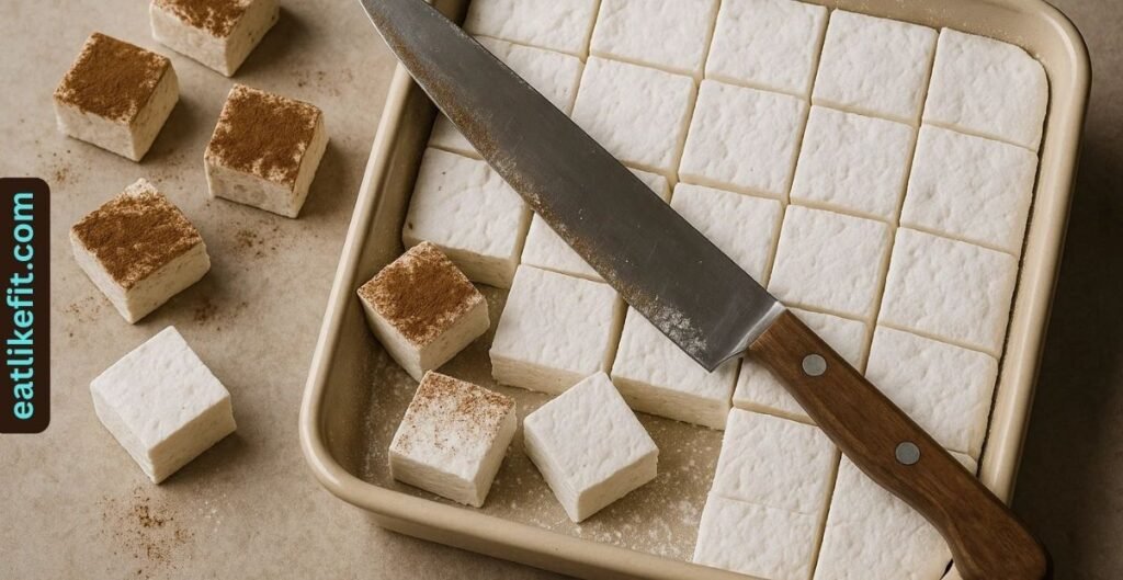 Homemade marshmallows being cut into cubes on a kitchen counter.