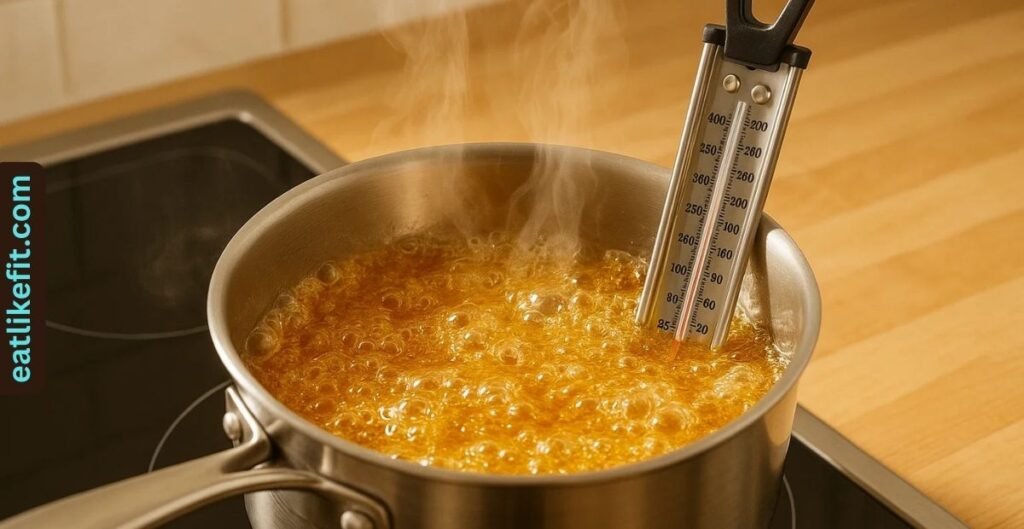 Honey syrup bubbling in a saucepan with thermometer.