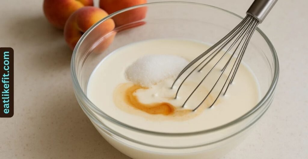 Ice cream base mixture of cream, milk, sugar, and vanilla being whisked in a bowl.