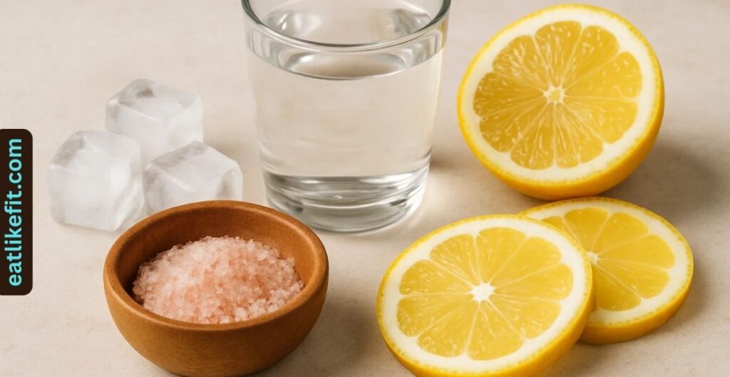 “Ingredients for Japanese Pink Salt and Ice recipe – pink salt, water, ice, and lemon