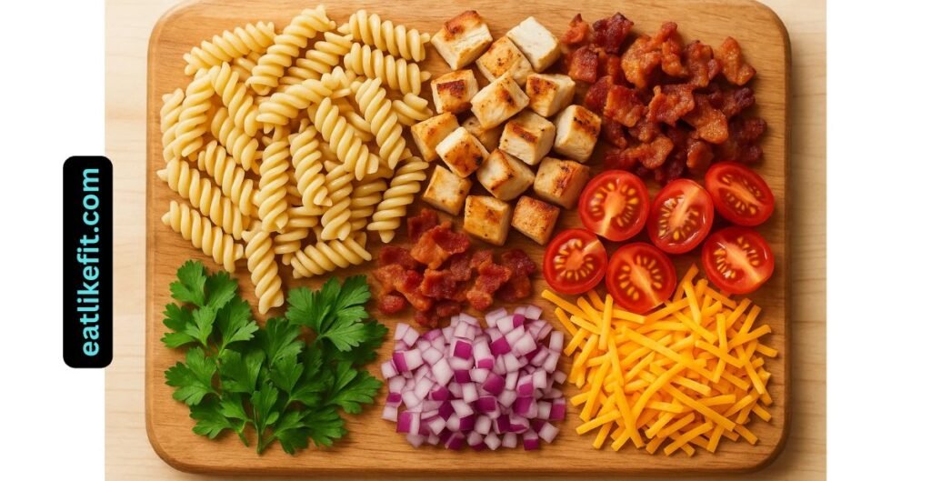 Ingredients for chicken bacon ranch pasta salad arranged on a wooden board.

