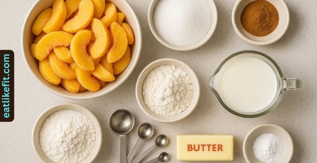 Ingredients for frozen peach cobbler recipe with frozen peaches, flour, sugar, and butter