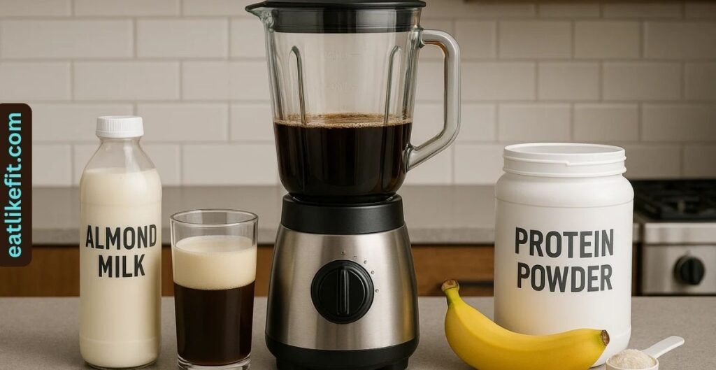 Ingredients for making a coffee protein smoothie before blending
