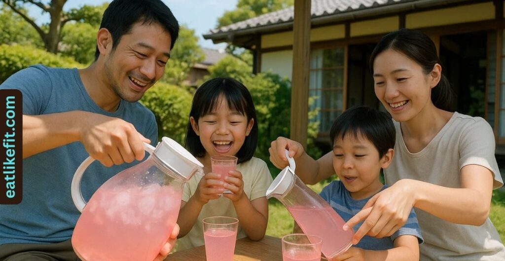 “Japanese family enjoying pink salt ice water together in summer.”