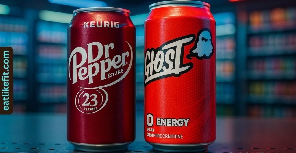 Keurig Dr Pepper and Ghost Energy cans displayed together in a retail setting