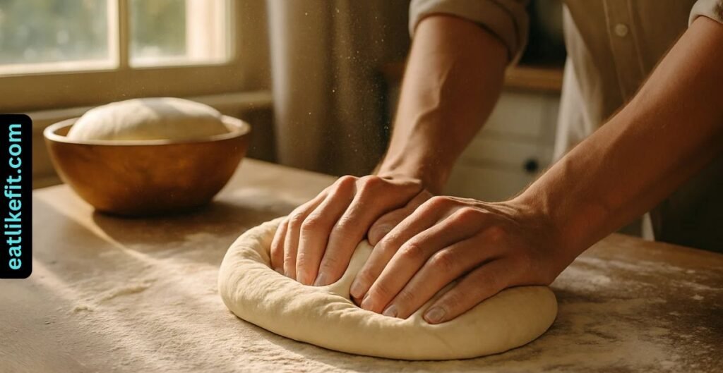Kneading fresh pizza dough on a floured countertop in a home kitchen.

