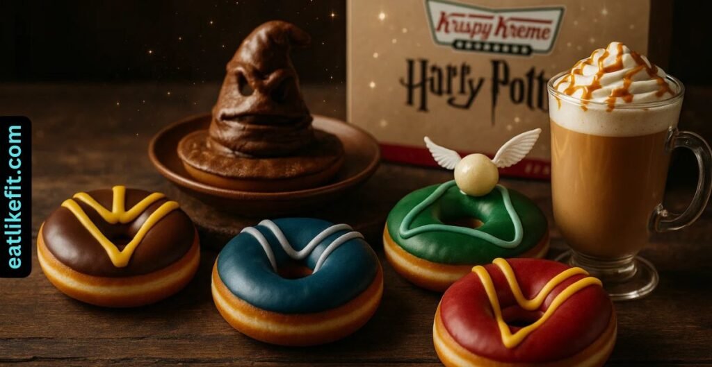 Krispy Kreme Harry Potter doughnut collection featuring Hogwarts house doughnuts, Sorting Hat doughnut, and Golden Snitch Latte