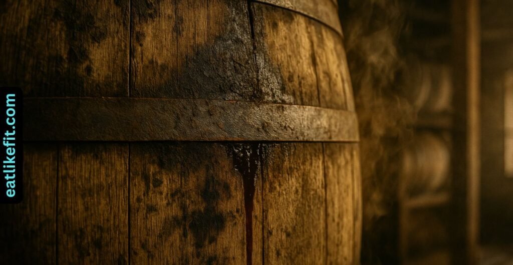 Leaking whiskey barrel with mold and evaporation loss inside a Kentucky distillery, showing climate-related damage