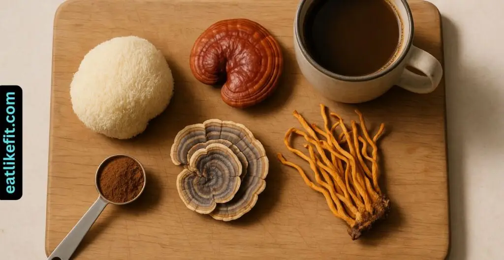 Lion’s Mane, Cordyceps, Reishi mushrooms next to a cup of brewed Ryze Mushroom Coffee