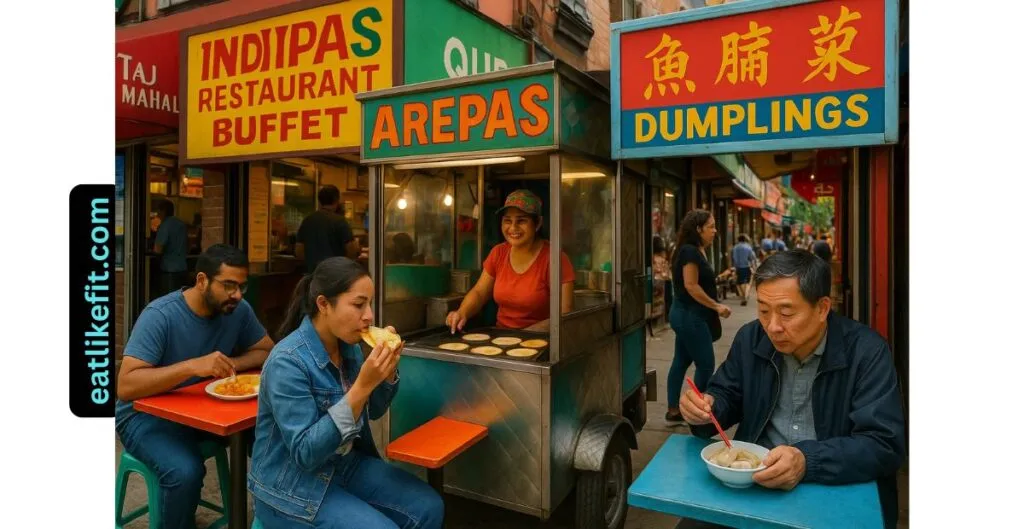 Local food spots in Queens near the US Open, offering diverse cuisines like Venezuelan arepas and Indian buffet dishes.