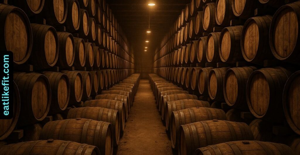Massive Kentucky bourbon warehouse packed with oak barrels, highlighting the oversupply issue in 2025