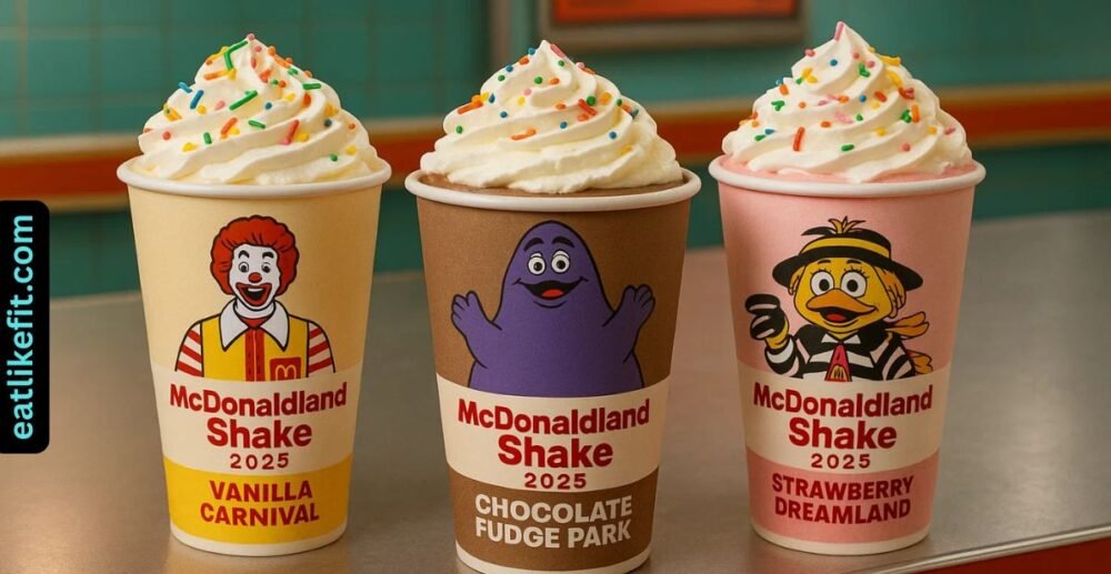 McDonaldland Shake 2025 in three nostalgic flavors with whipped cream, rainbow sprinkles, and eco-friendly McDonaldland character cup