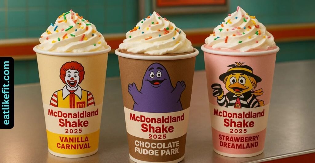 McDonaldland Shake 2025 in three nostalgic flavors with whipped cream, rainbow sprinkles, and eco-friendly McDonaldland character cup