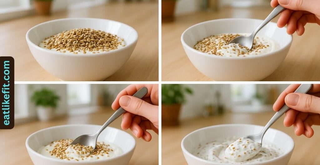Mixing chia, flax, and hemp seeds with yogurt and almond milk in a bowl.