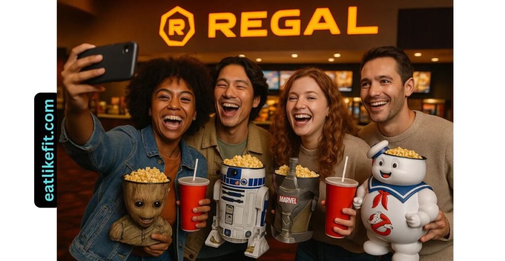 Moviegoers at Regal Cinemas holding collectible popcorn buckets and Pepsi Drips drinks