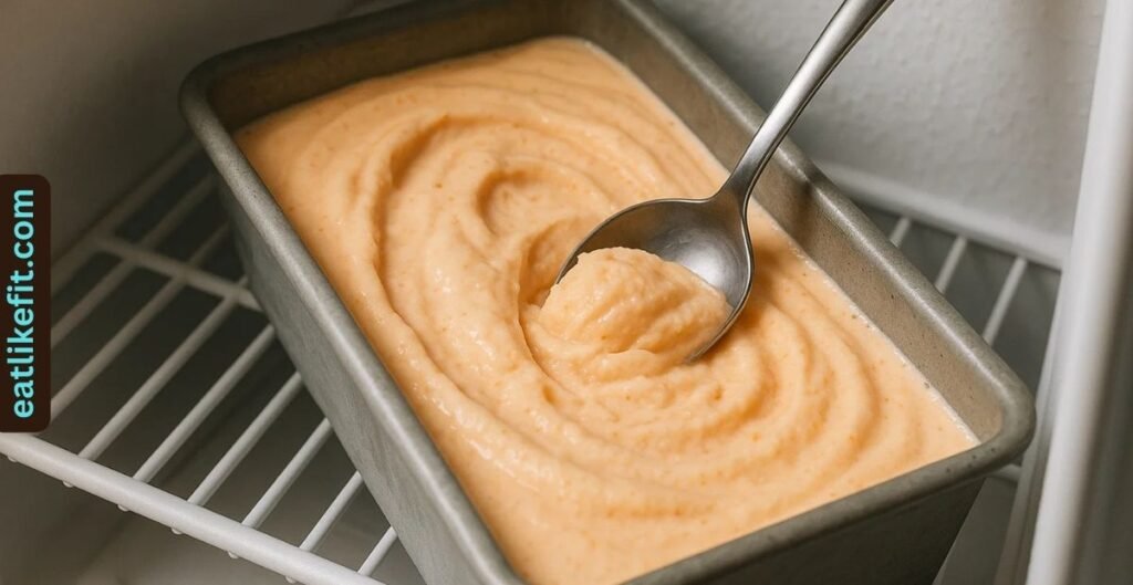 No-churn peach ice cream mixture freezing in a loaf pan with spoon stirring