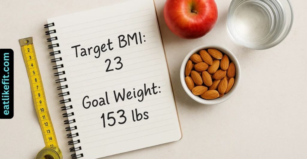 Notebook-with-target-BMI-and-goal-weight-notes-beside-measuring-tape-and-healthy-snacks-on-table
