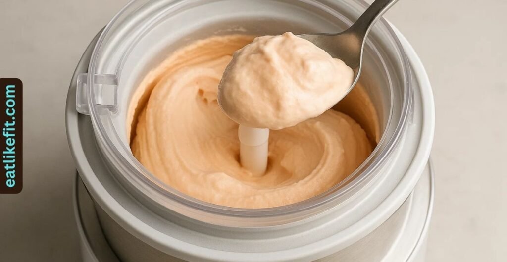 Peach ice cream churning in an ice cream maker with creamy texture.