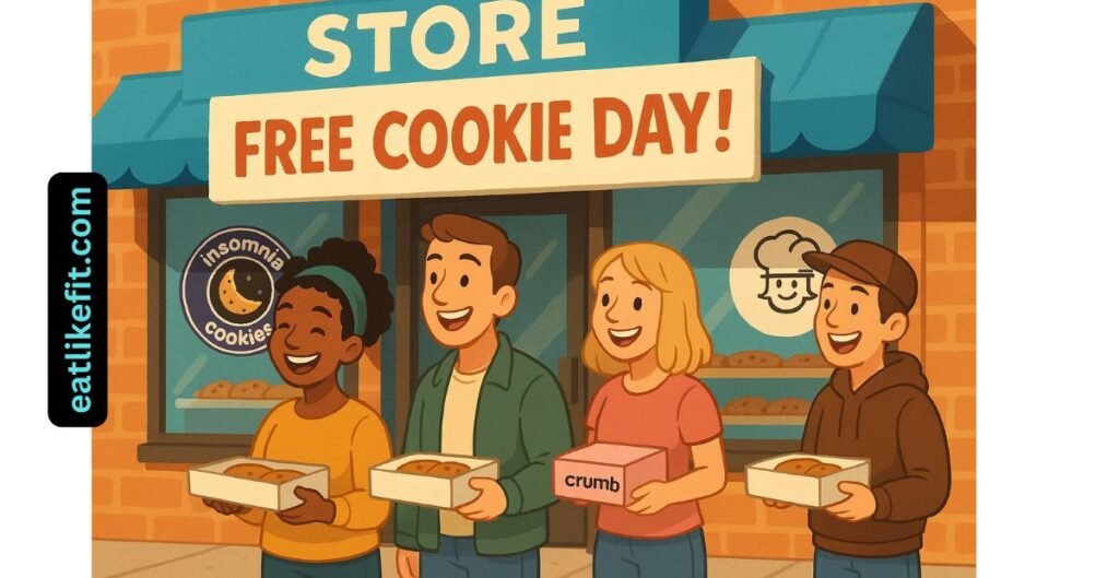 People celebrating National Chocolate Chip Cookie Day 2025 outside a bakery offering free cookies and deals