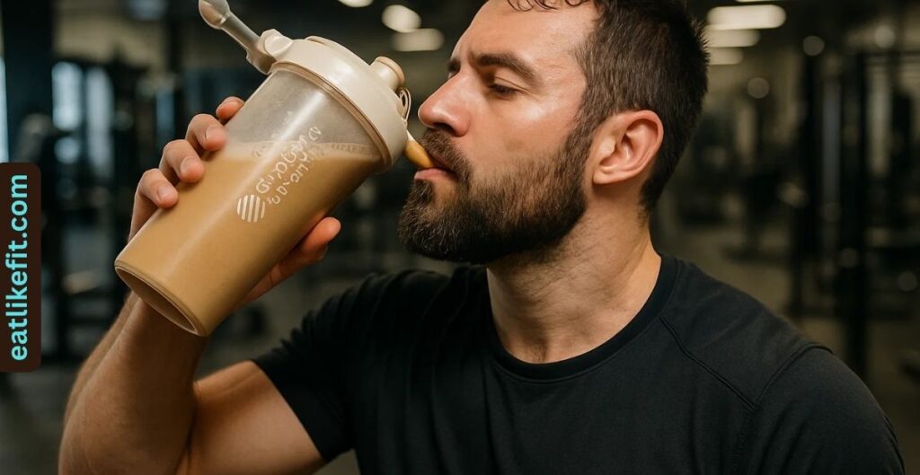 “Person drinking peanut butter protein shake after a workout at the gym.”
