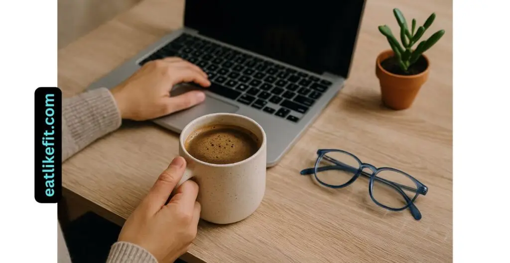 Person holding a mug of Ryze coffee while working from home

