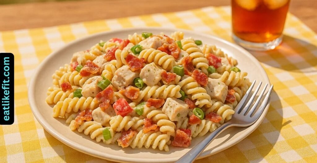 Plate of chicken bacon ranch pasta salad served with a fork and iced tea.

