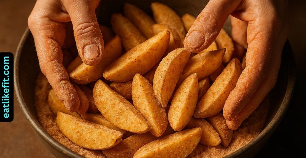 Potato wedges being coated in seasoned flour with paprika and garlic powder