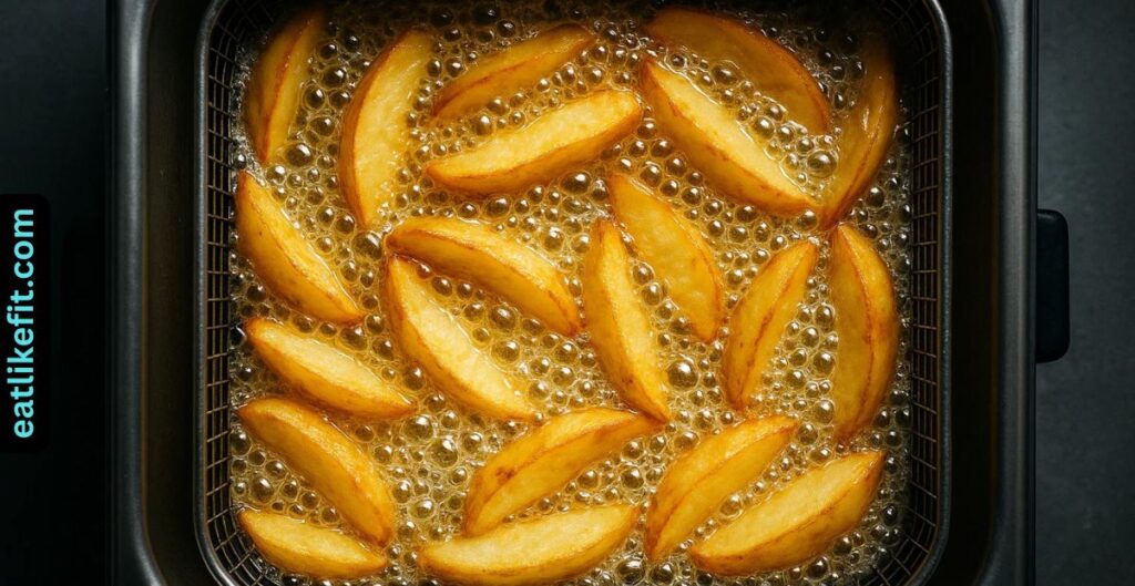Potato wedges frying in hot oil inside a deep fryer until golden and crispy