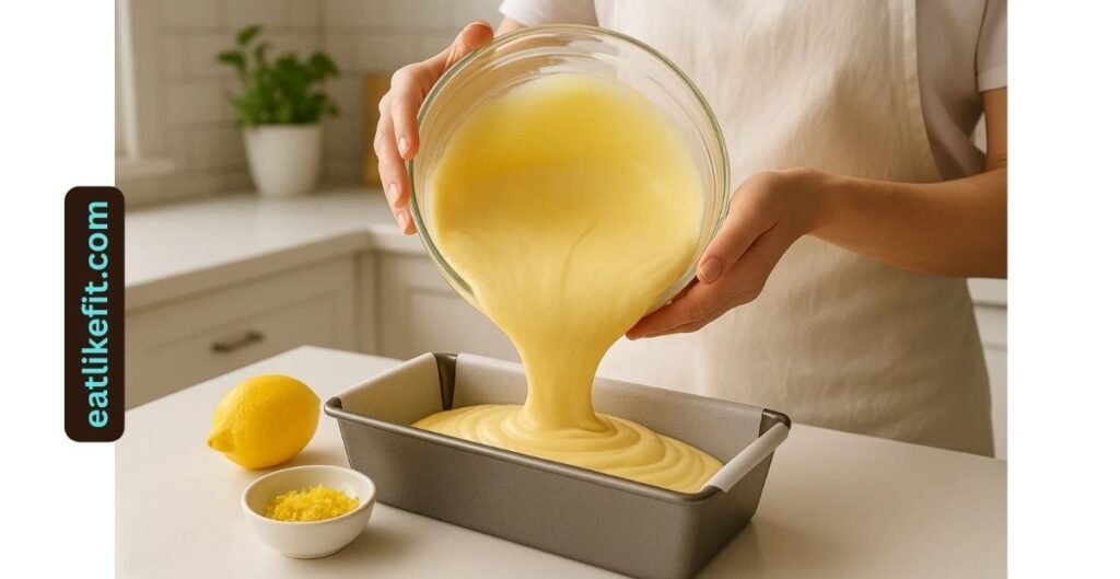 Pouring lemon cake batter into a pan before baking