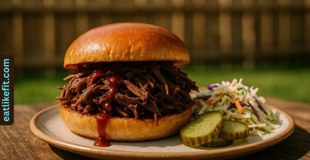 Pulled venison BBQ sandwich with coleslaw.