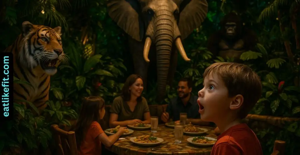 Rainforest Cafe jungle-themed interior with animatronics and children dining


