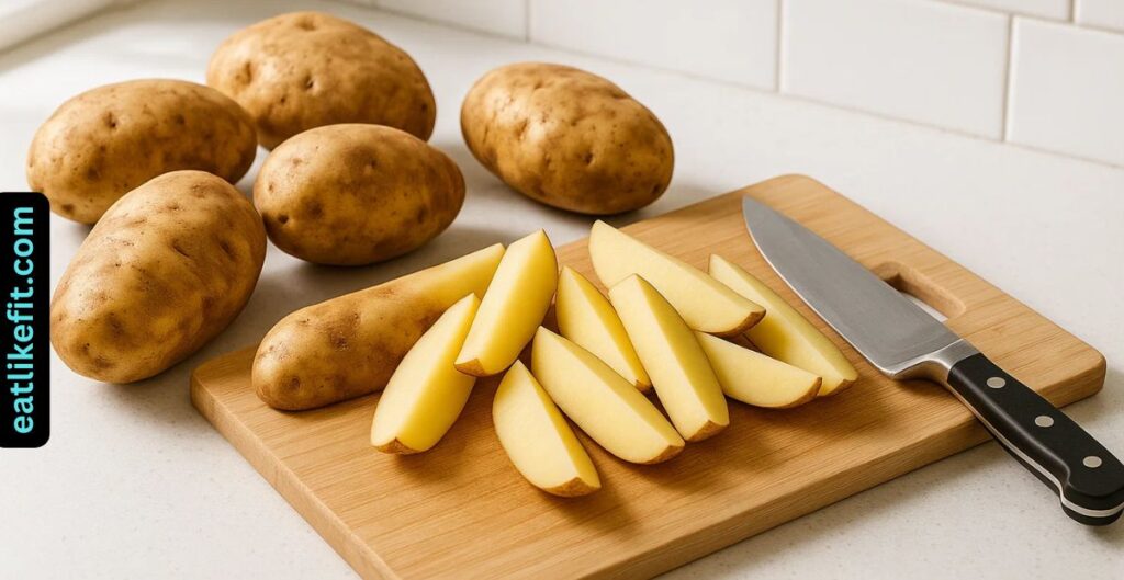 Raw russet potatoes being sliced into thick wedges on a cutting board