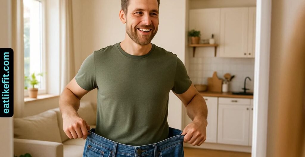 Real person showing weight loss progress by holding loose jeans in a mirror


