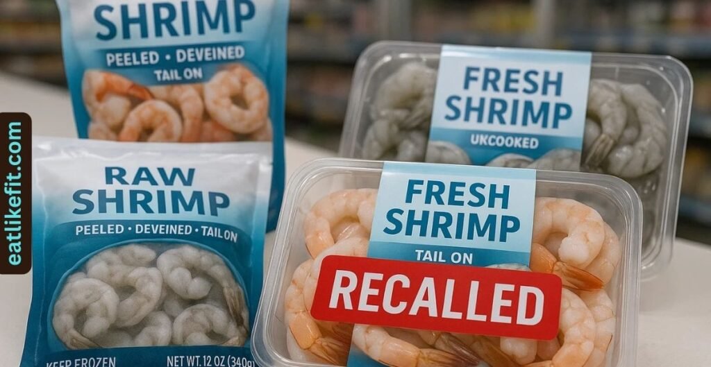 Recalled shrimp packages marked with warning labels.