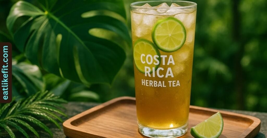 Refreshing iced Costa Rican herbal tea with lime slices served outdoors.”