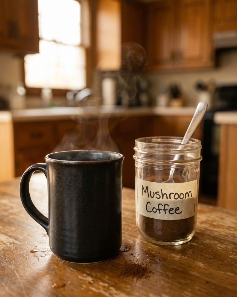 Ryze Mushroom Coffee in a cup with powder jar showing real preparation in home kitchen setting